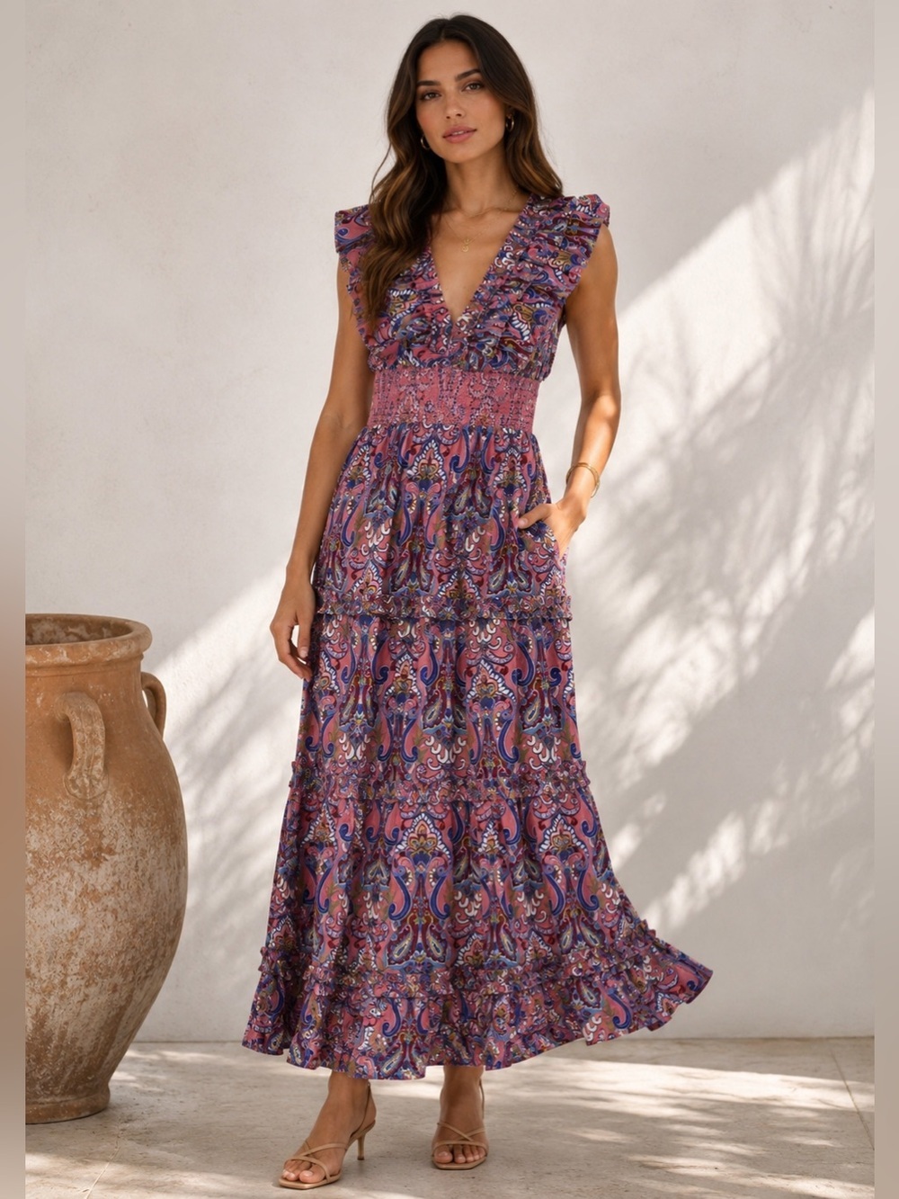 Caroline Constas New York Juniper Print Smocked Maxi Dress NWT Size M